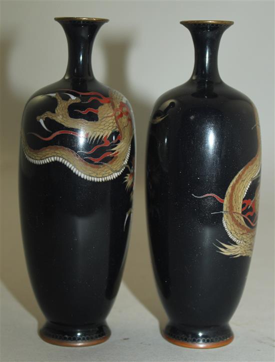 A pair of Japanese silver wire cloisonne enamel dragon vases, Meiji period, 15.5cm